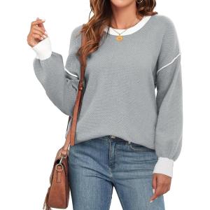 imageWEACZZY Womens 2024 Fall Fashion Crew Neck Long Sleeve Oversized Color Block Sweaters Ribbed Knit Side Slit Pullover TopsLight Gray