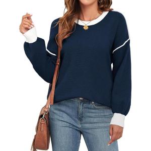 imageWEACZZY Womens 2024 Fall Fashion Crew Neck Long Sleeve Oversized Color Block Sweaters Ribbed Knit Side Slit Pullover TopsNavy Blue