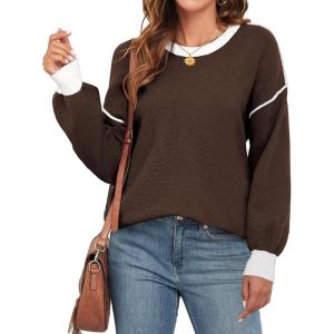 imageWEACZZY Womens 2024 Fall Fashion Crew Neck Long Sleeve Oversized Color Block Sweaters Ribbed Knit Side Slit Pullover TopsNut