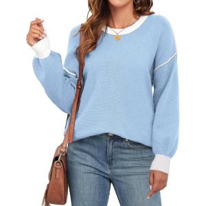 imageWEACZZY Womens 2024 Fall Fashion Crew Neck Long Sleeve Oversized Color Block Sweaters Ribbed Knit Side Slit Pullover TopsSky Blue