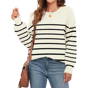 imageWEACZZY Womens 2024 Fall Fashion Crew Neck Long Sleeve Oversized Color Block Sweaters Ribbed Knit Side Slit Pullover TopsStriped Apricot