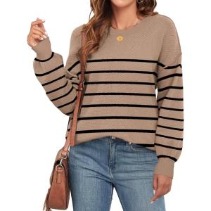 imageWEACZZY Womens 2024 Fall Fashion Crew Neck Long Sleeve Oversized Color Block Sweaters Ribbed Knit Side Slit Pullover TopsStriped Khaki