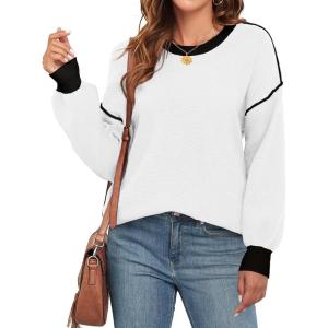 imageWEACZZY Womens 2024 Fall Fashion Crew Neck Long Sleeve Oversized Color Block Sweaters Ribbed Knit Side Slit Pullover TopsWhite