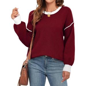 imageWEACZZY Womens 2024 Fall Fashion Crew Neck Long Sleeve Oversized Color Block Sweaters Ribbed Knit Side Slit Pullover TopsWine Red