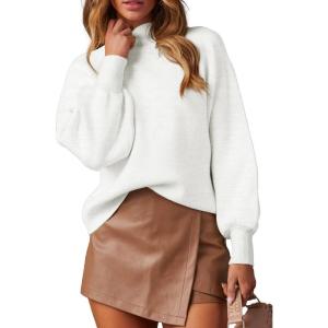 imageWEACZZY Womens 2025 Fall Fashion Casual Sweaters Mock Neck Long Lantern Sleeve Lightweight Knit Pullover Sweater Tops02white