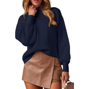 imageWEACZZY Womens 2025 Fall Fashion Casual Sweaters Mock Neck Long Lantern Sleeve Lightweight Knit Pullover Sweater Tops03navy Blue