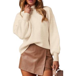 imageWEACZZY Womens 2025 Fall Fashion Casual Sweaters Mock Neck Long Lantern Sleeve Lightweight Knit Pullover Sweater TopsApricot