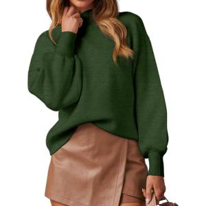 imageWEACZZY Womens 2025 Fall Fashion Casual Sweaters Mock Neck Long Lantern Sleeve Lightweight Knit Pullover Sweater TopsArmy Green