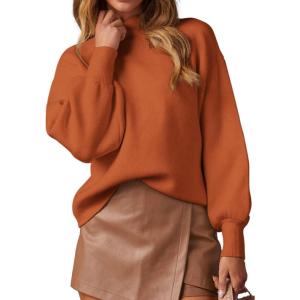 imageWEACZZY Womens 2025 Fall Fashion Casual Sweaters Mock Neck Long Lantern Sleeve Lightweight Knit Pullover Sweater TopsBrick Red