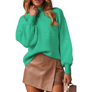 imageWEACZZY Womens 2025 Fall Fashion Casual Sweaters Mock Neck Long Lantern Sleeve Lightweight Knit Pullover Sweater TopsGrass Green