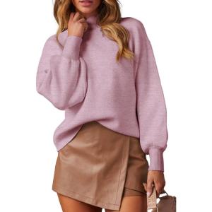 imageWEACZZY Womens 2025 Fall Fashion Casual Sweaters Mock Neck Long Lantern Sleeve Lightweight Knit Pullover Sweater TopsLight Purple