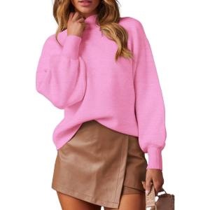 imageWEACZZY Womens 2025 Fall Fashion Casual Sweaters Mock Neck Long Lantern Sleeve Lightweight Knit Pullover Sweater TopsPink
