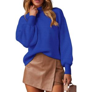 imageWEACZZY Womens 2025 Fall Fashion Casual Sweaters Mock Neck Long Lantern Sleeve Lightweight Knit Pullover Sweater TopsRoyal Blue
