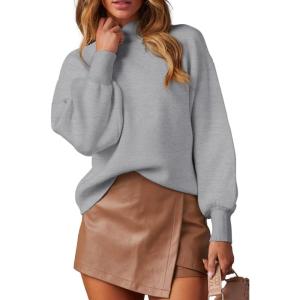 imageWEACZZY Womens 2025 Fall Fashion Casual Sweaters Mock Neck Long Lantern Sleeve Lightweight Knit Pullover Sweater TopsSilver Gray