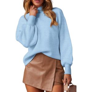 imageWEACZZY Womens 2025 Fall Fashion Casual Sweaters Mock Neck Long Lantern Sleeve Lightweight Knit Pullover Sweater TopsSky Blue