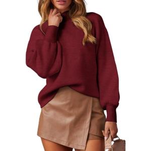 imageWEACZZY Womens 2025 Fall Fashion Casual Sweaters Mock Neck Long Lantern Sleeve Lightweight Knit Pullover Sweater TopsWine Red