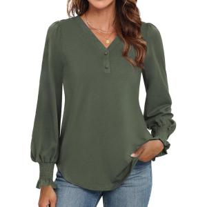 imageWEACZZY Womens 2025 Fall Fashion Long Puff Sleeve Tops Dressy Casual Button V Neck Smocked Cuffs Cute Blouse Shirt TunicArmy Green
