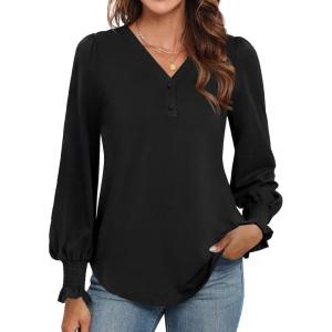 imageWEACZZY Womens 2025 Fall Fashion Long Puff Sleeve Tops Dressy Casual Button V Neck Smocked Cuffs Cute Blouse Shirt TunicBlack