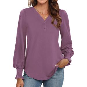imageWEACZZY Womens 2025 Fall Fashion Long Puff Sleeve Tops Dressy Casual Button V Neck Smocked Cuffs Cute Blouse Shirt TunicMauve