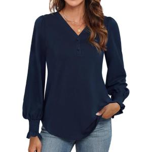 imageWEACZZY Womens 2025 Fall Fashion Long Puff Sleeve Tops Dressy Casual Button V Neck Smocked Cuffs Cute Blouse Shirt TunicNavy Blue