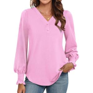 imageWEACZZY Womens 2025 Fall Fashion Long Puff Sleeve Tops Dressy Casual Button V Neck Smocked Cuffs Cute Blouse Shirt TunicPink