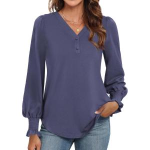 imageWEACZZY Womens 2025 Fall Fashion Long Puff Sleeve Tops Dressy Casual Button V Neck Smocked Cuffs Cute Blouse Shirt TunicPurple Grey