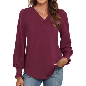 imageWEACZZY Womens 2025 Fall Fashion Long Puff Sleeve Tops Dressy Casual Button V Neck Smocked Cuffs Cute Blouse Shirt TunicWine Red