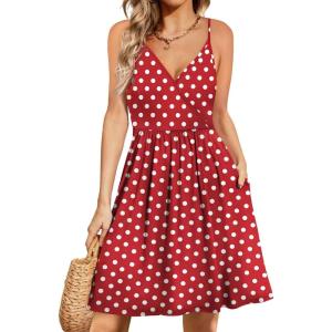 imageWEACZZY Womens 2025 Summer Dresses V Neck Spaghetti Strap Sundress Casual Beach Flowy Mini Dress with PocketsWhite Dot Red
