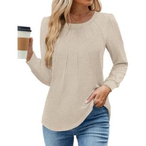 imageWEACZZY Womens Blouses Long Sleeve Tunic Tops Pleated Dressy Business Casual Crew Neck Shirts Fashion Outfits 2025Beige