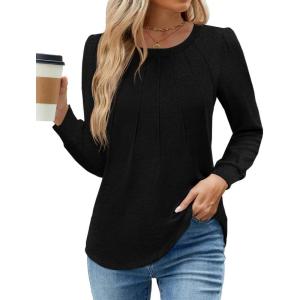 imageWEACZZY Womens Blouses Long Sleeve Tunic Tops Pleated Dressy Business Casual Crew Neck Shirts Fashion Outfits 2025Black