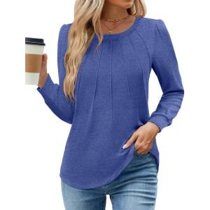 imageWEACZZY Womens Blouses Long Sleeve Tunic Tops Pleated Dressy Business Casual Crew Neck Shirts Fashion Outfits 2025Blue