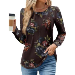 imageWEACZZY Womens Blouses Long Sleeve Tunic Tops Pleated Dressy Business Casual Crew Neck Shirts Fashion Outfits 2025Blue Flower