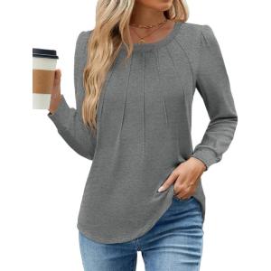 imageWEACZZY Womens Blouses Long Sleeve Tunic Tops Pleated Dressy Business Casual Crew Neck Shirts Fashion Outfits 2025Gray