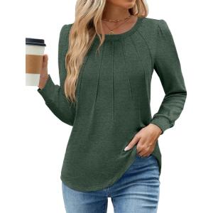 imageWEACZZY Womens Blouses Long Sleeve Tunic Tops Pleated Dressy Business Casual Crew Neck Shirts Fashion Outfits 2025Green