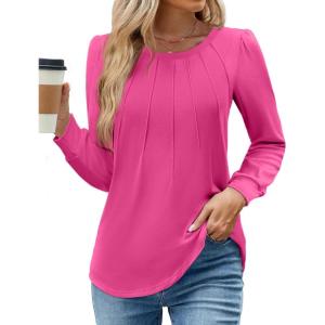imageWEACZZY Womens Blouses Long Sleeve Tunic Tops Pleated Dressy Business Casual Crew Neck Shirts Fashion Outfits 2025Hot Pink