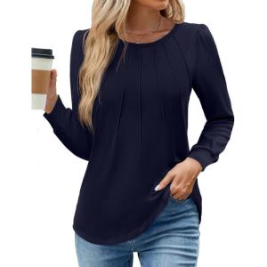 imageWEACZZY Womens Blouses Long Sleeve Tunic Tops Pleated Dressy Business Casual Crew Neck Shirts Fashion Outfits 2025Navy Blue