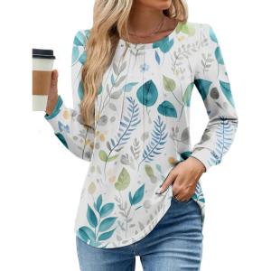 imageWEACZZY Womens Blouses Long Sleeve Tunic Tops Pleated Dressy Business Casual Crew Neck Shirts Fashion Outfits 2025Print Leaf White