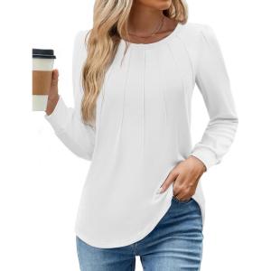 imageWEACZZY Womens Blouses Long Sleeve Tunic Tops Pleated Dressy Business Casual Crew Neck Shirts Fashion Outfits 2025White