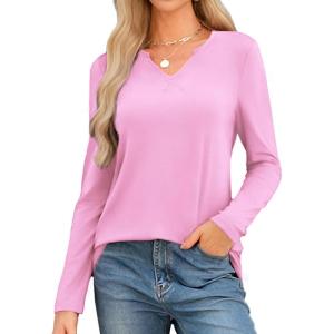 imageWEACZZY Womens Long Sleeve Tops Dressy Casual Sexy V Neck Work Shirts Loose Fit Blouses Tunic Fall Fashion Outfits 2025Pink