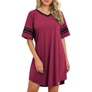 imageWEACZZY Womens Nightgown Soft Sleep Shirt V Neck Short Sleeve Loungewear Loose Comfy NightShirts Wine RedMedium