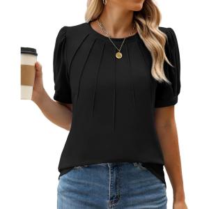 imageWEACZZY Womens Puff Short Sleeve Tops Dressy Casual Crew Neck Pleated T Shirts Cute Blouse Tunic Top Fashion Clothes 202501 Black