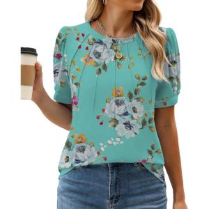 imageWEACZZY Womens Puff Short Sleeve Tops Dressy Casual Crew Neck Pleated T Shirts Cute Blouse Tunic Top Fashion Clothes 2025Floral Mint Green