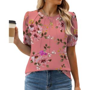 imageWEACZZY Womens Puff Short Sleeve Tops Dressy Casual Crew Neck Pleated T Shirts Cute Blouse Tunic Top Fashion Clothes 2025Floral Sugar Pink