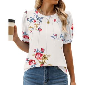 imageWEACZZY Womens Puff Short Sleeve Tops Dressy Casual Crew Neck Pleated T Shirts Cute Blouse Tunic Top Fashion Clothes 2025Floral White