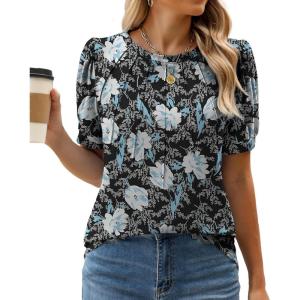 imageWEACZZY Womens Puff Short Sleeve Tops Dressy Casual Crew Neck Pleated T Shirts Cute Blouse Tunic Top Fashion Clothes 2025Floral White Lily