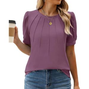 imageWEACZZY Womens Puff Short Sleeve Tops Dressy Casual Crew Neck Pleated T Shirts Cute Blouse Tunic Top Fashion Clothes 2025Mauve