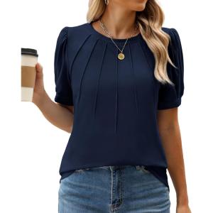 imageWEACZZY Womens Puff Short Sleeve Tops Dressy Casual Crew Neck Pleated T Shirts Cute Blouse Tunic Top Fashion Clothes 2025Navy Blue
