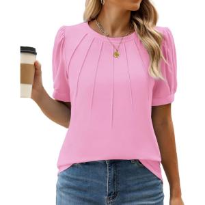 imageWEACZZY Womens Puff Short Sleeve Tops Dressy Casual Crew Neck Pleated T Shirts Cute Blouse Tunic Top Fashion Clothes 2025Pink
