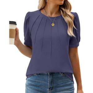 imageWEACZZY Womens Puff Short Sleeve Tops Dressy Casual Crew Neck Pleated T Shirts Cute Blouse Tunic Top Fashion Clothes 2025Purple Grey