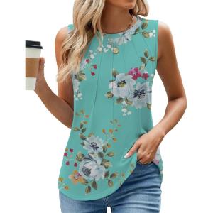 imageWEACZZY Womens Puff Short Sleeve Tops Dressy Casual Crew Neck Pleated T Shirts Cute Blouse Tunic Top Fashion Clothes 2025Z Floral Mint Green Tank